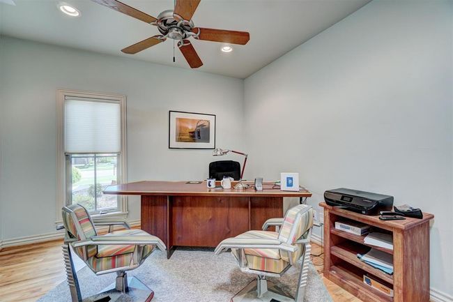 Office with ceiling fan, baseboards, light wood-style floors, and recessed lighting | Image 19