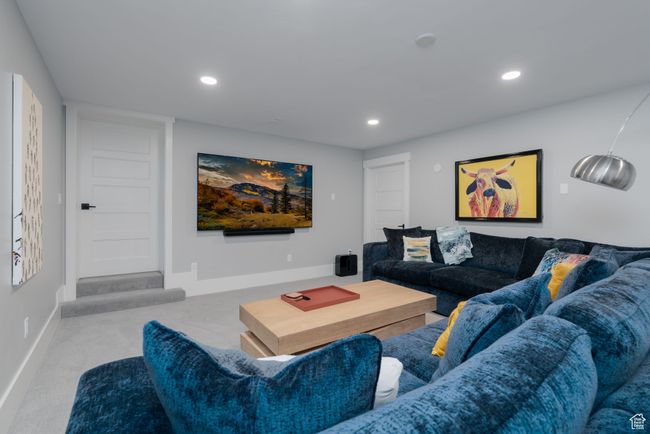 Living area featuring recessed lighting, carpet, and baseboards | Image 35
