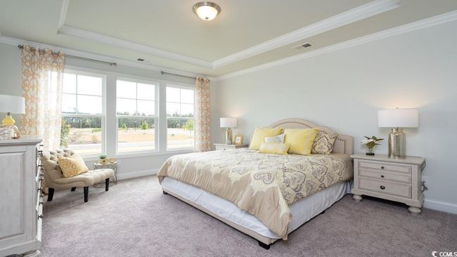 Carpeted bedroom featuring crown molding, a tray ceiling, visible vents, and baseboards | Image 21