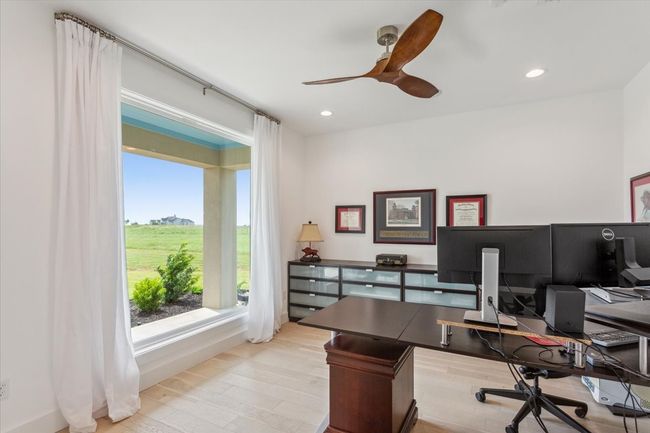 Office area featuring ceiling fan, light wood-type flooring, and recessed lighting | Image 7