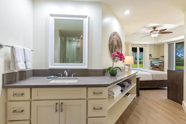 Enjoy your favorite tv shows & views of lush landscaping from the primary bathroom's vanity area | Image 16