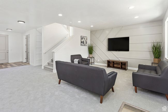 Living room featuring recessed lighting, stairs, and carpet | Image 11
