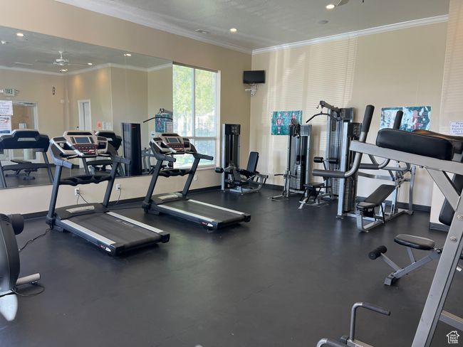 Exercise room featuring recessed lighting, ceiling fan, baseboards, and ornamental molding | Image 23