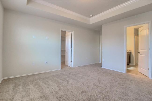 Unfurnished bedroom featuring a raised ceiling, light carpet, ornamental molding, a spacious closet, and baseboards | Image 22