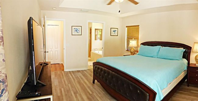 the master suite is huge with new PVC Plank flooring, tray ceiling with fan, wide flat screen television | Image 36