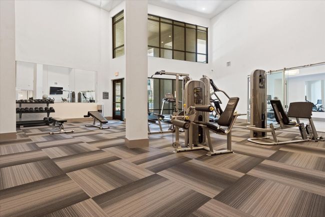 Workout area featuring carpet, a high ceiling, healthy amount of natural light, and baseboards | Image 27
