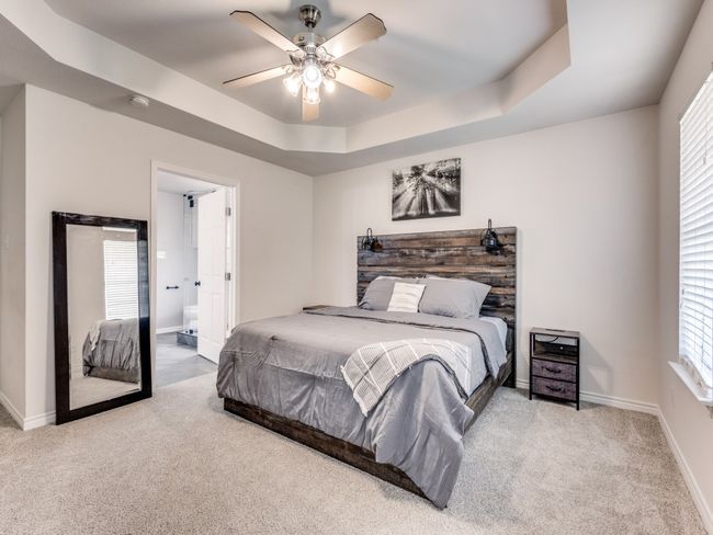 Carpeted bedroom featuring a tray ceiling, baseboards, and multiple windows | Image 19