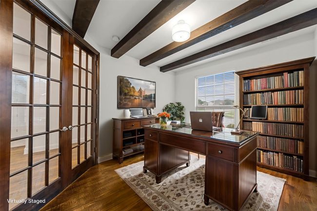 Office area featuring french doors, beam ceiling, and dark wood finished floors | Image 6
