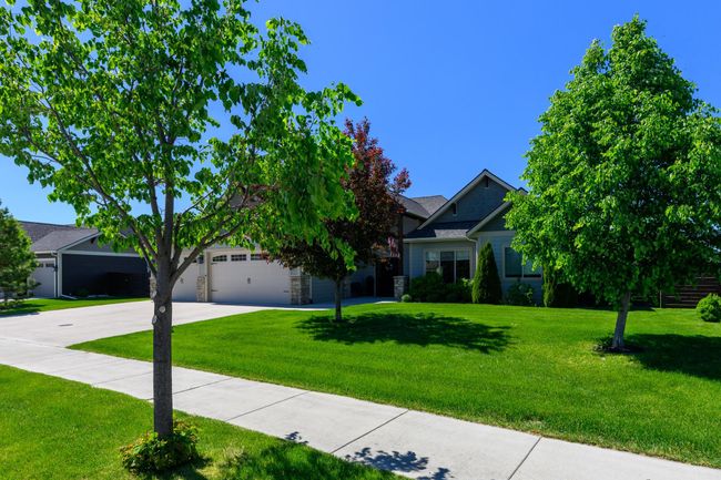 View of property hidden behind natural elements featuring driveway, a front yard, stone siding, and an attached garage | Image 4