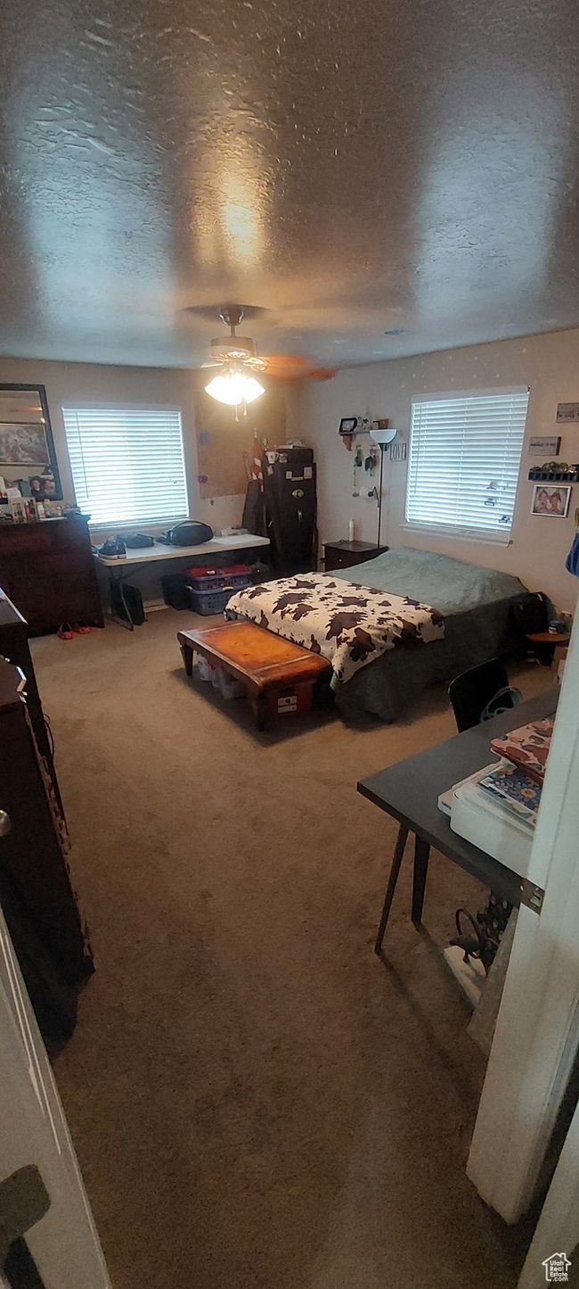 Carpeted bedroom featuring a textured ceiling and a ceiling fan | Image 5