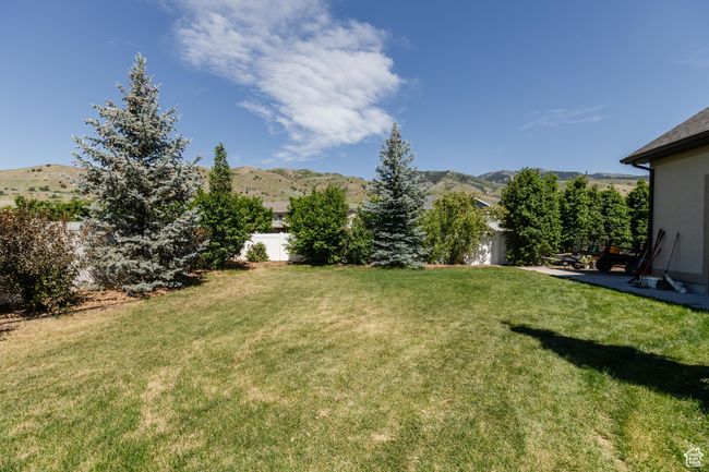 Fenced backyard with a mountain view and a garage | Image 46