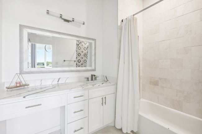 Full bathroom with vanity and shower / bathtub combination with curtain | Image 26