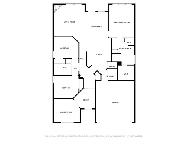 This is a floor plan of a single-story home featuring three bedrooms, including a primary bedroom with an en-suite bath and walk-in closet. It has an open living and dining area, a kitchen with a pantry, a laundry room, and a secondary bath. Additional spaces include an office/study, foyer, and a garage. | Image 33
