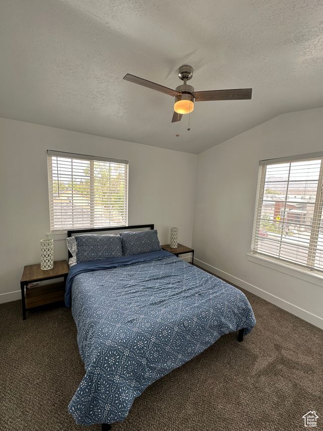 Bedroom featuring vaulted ceiling, carpet, multiple windows, baseboards, and a textured ceiling | Image 13