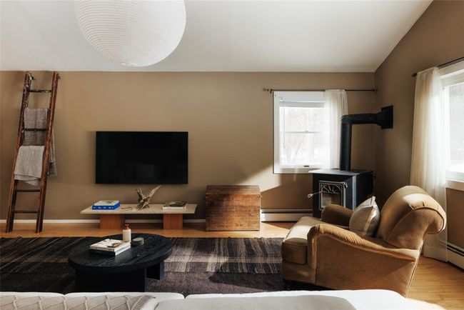 Living room featuring vaulted ceiling, a baseboard radiator, light wood-type flooring, and a wood stove | Image 4