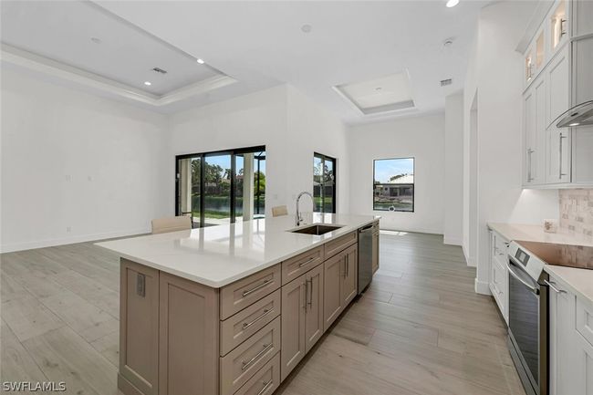 Kitchen cabinet design with lighted upper cabinets, stainless steel dishwasher, light wood-plank flooring, accent colored island pull-out cabinets and pull down faucet. | Image 6