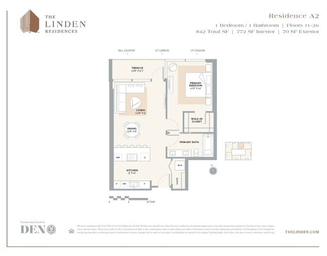 A2 Floor Plan featuring 1 bedroom & 1 bathroom. The spacious layout includes an open living and dining area, complemented by a modern kitchen with high-end appliances and an island for additional seating. This unit offers breathtaking views of downtown Austin, the Hill Country, and the UT Campus. Residents will also enjoy access to a full level of elevated amenities. | Image 12