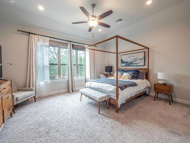 Carpeted bedroom with recessed lighting, a ceiling fan, and lofted ceiling | Image 12
