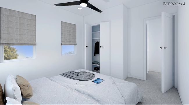 Bedroom with light colored carpet and a ceiling fan | Image 12