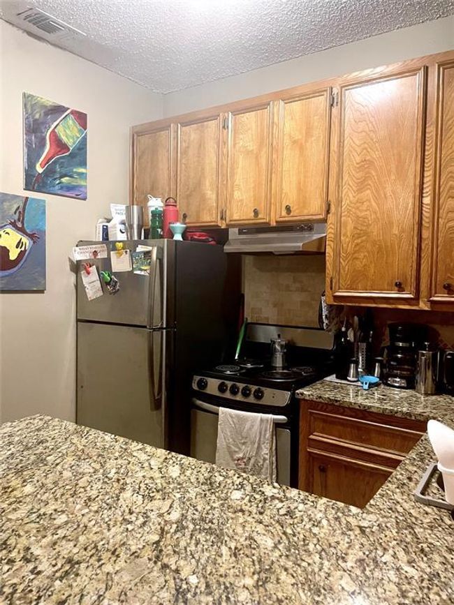 Kitchen with under cabinet range hood, stainless steel range with electric cooktop, freestanding refrigerator, light stone counters, and a textured ceiling | Image 14