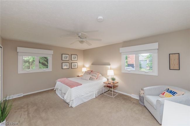 Bedroom featuring ceiling fan, multiple windows, and light colored carpet | Image 30