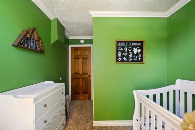 Carpeted bedroom featuring a textured ceiling, ornamental molding, and a nursery area | Image 13