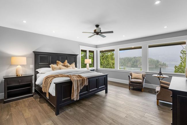 Bedroom with dark wood-style floors, baseboards, recessed lighting, and a ceiling fan | Image 18
