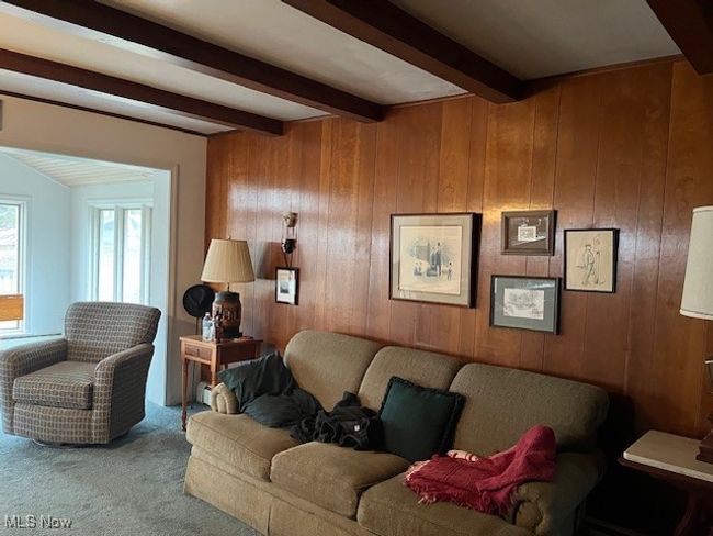 Family room featuring carpet, beam ceiling, and paneled walls | Image 9