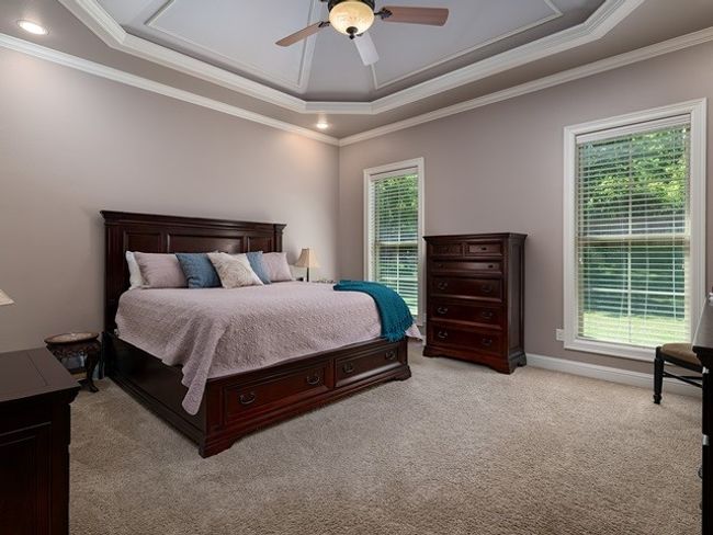 Bedroom with a tray ceiling, light colored carpet, and multiple windows | Image 17