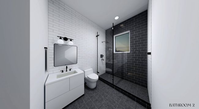 Bathroom with tile patterned floors, toilet, a walk in shower, and vanity | Image 6