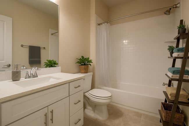 Full bathroom featuring toilet, shower / bath combo with shower curtain, tile patterned flooring, and vanity | Image 16