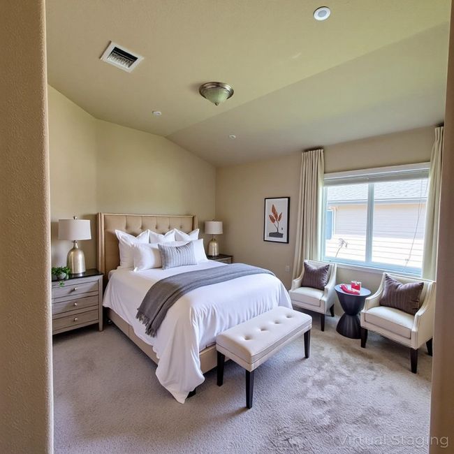 Bedroom with carpet floors and vaulted ceiling | Image 13
