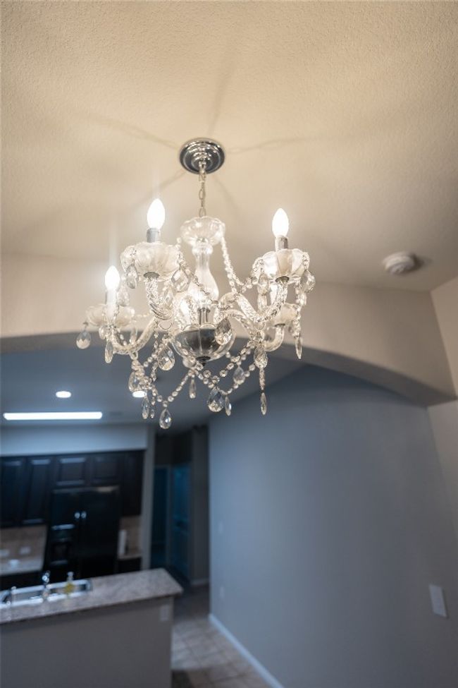 Detailed view of black fridge, a chandelier, baseboards, a textured ceiling, and a smoke detector | Image 4