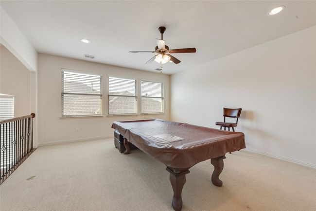 Game room featuring ceiling fan, carpet, billiards table, and recessed lighting | Image 12