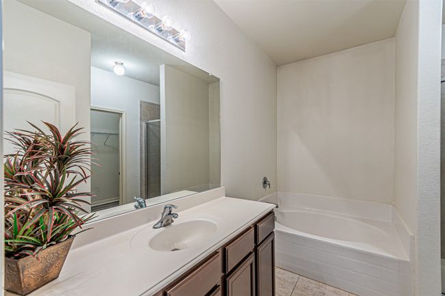 Full bath with vanity, a bath, a stall shower, tile patterned floors, and a walk in closet | Image 19
