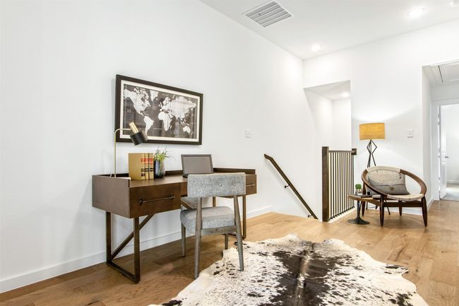 Office with attic access, light wood-style flooring, and recessed lighting | Image 23