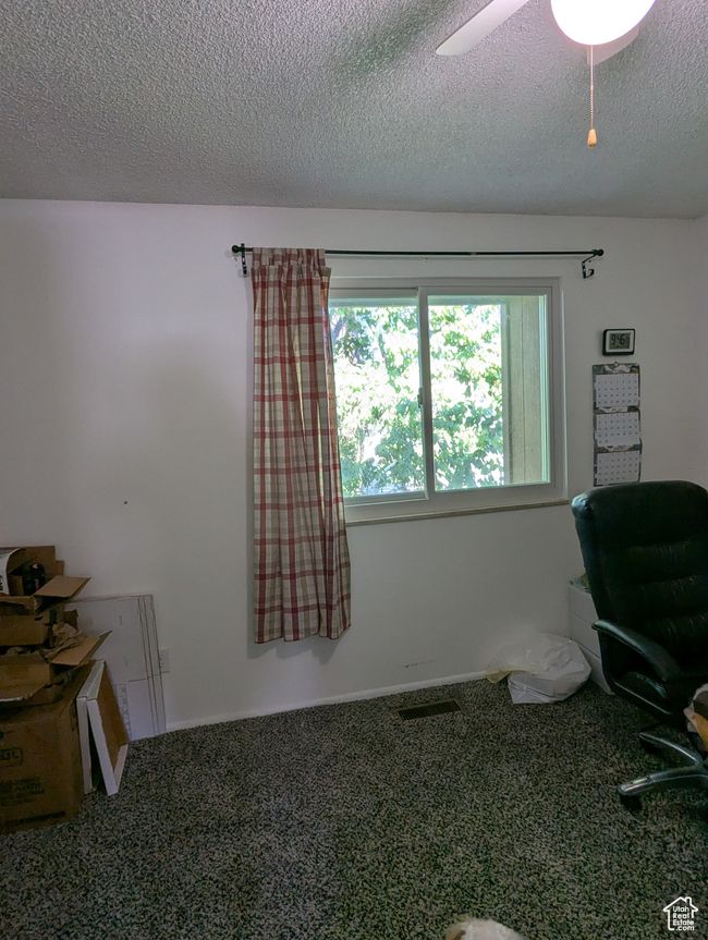 Carpeted home office featuring a textured ceiling and a ceiling fan | Image 13