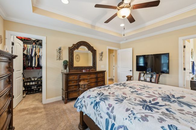 The primary suite features elegant trey ceilings, a ceiling fan, and soft carpeted flooring for added comfort. 1107 Sycamore Leaf Way Murfreesboro, TN 37129 | Image 16