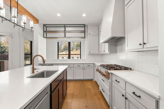 Kitchen with decorative backsplash, light countertops, stainless steel appliances, premium range hood, and a sink | Image 10