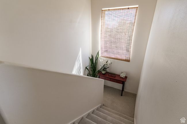 Stairway with carpet flooring and baseboards | Image 23