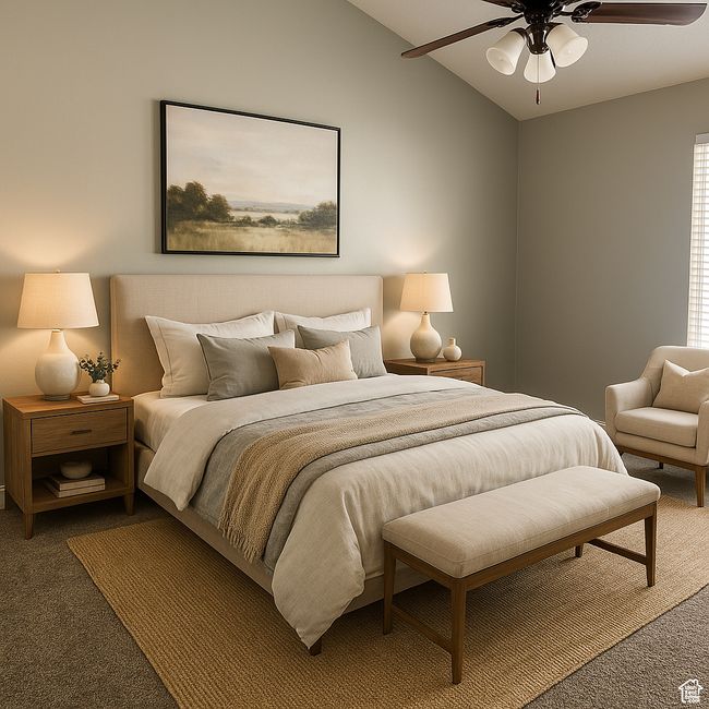 Carpeted bedroom with vaulted ceiling and ceiling fan | Image 10