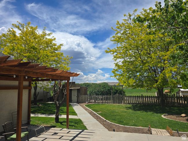 View of yard featuring a pergola, a patio, and an outbuilding | Image 89