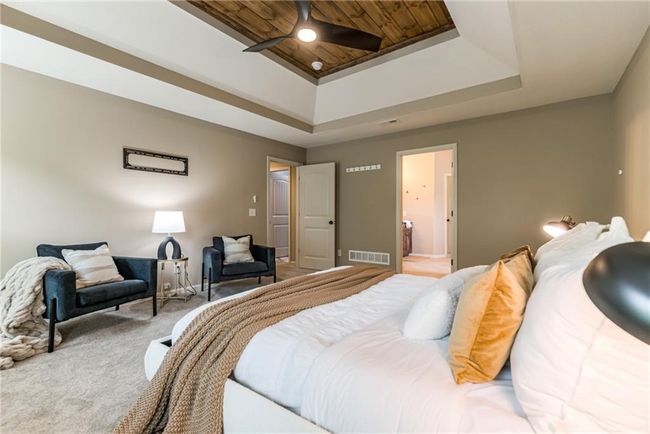 Bedroom with a tray ceiling, carpet flooring, and ensuite bath | Image 25