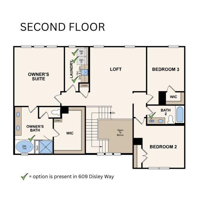 Second level floor plan - upgrade options marked with a green check mark | Image 48