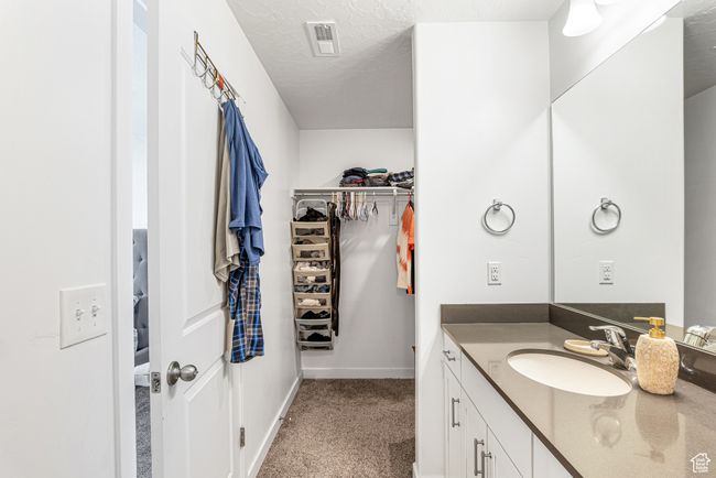 Bathroom featuring vanity, baseboards, a walk in closet, and a textured ceiling | Image 23