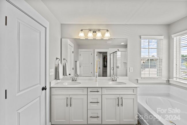 Primary bathroom features double vanity, oversized shower, soaking bathtub & walk-in closet. | Image 18