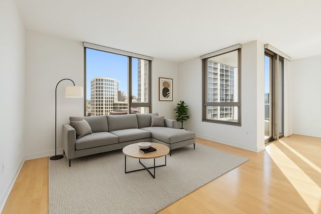 Virtual Staging - Living area featuring a wall of windows, baseboards, plenty of natural light, and light wood-type flooring | Image 6