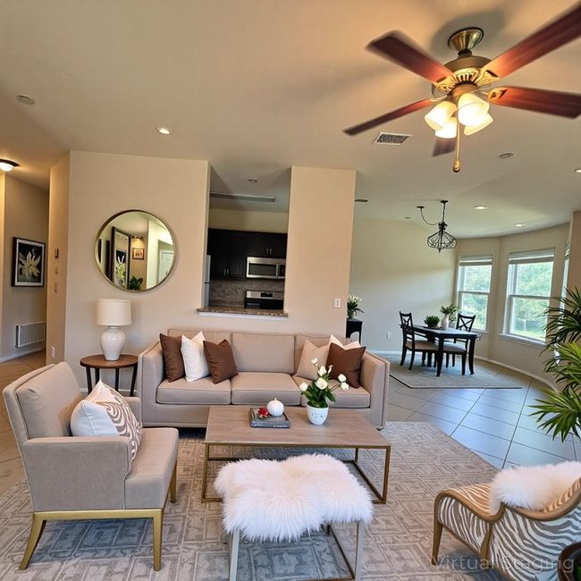 Virtual staging featuring light tile patterned flooring, ceiling fan, and recessed lighting | Image 19