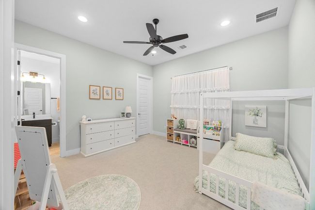 Virtual paint wall color. Bedroom featuring carpet flooring, recessed lighting, and ceiling fan | Image 20