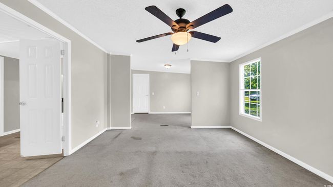 Unfurnished room featuring ceiling fan, ornamental molding, carpet flooring, and a textured ceiling | Image 18